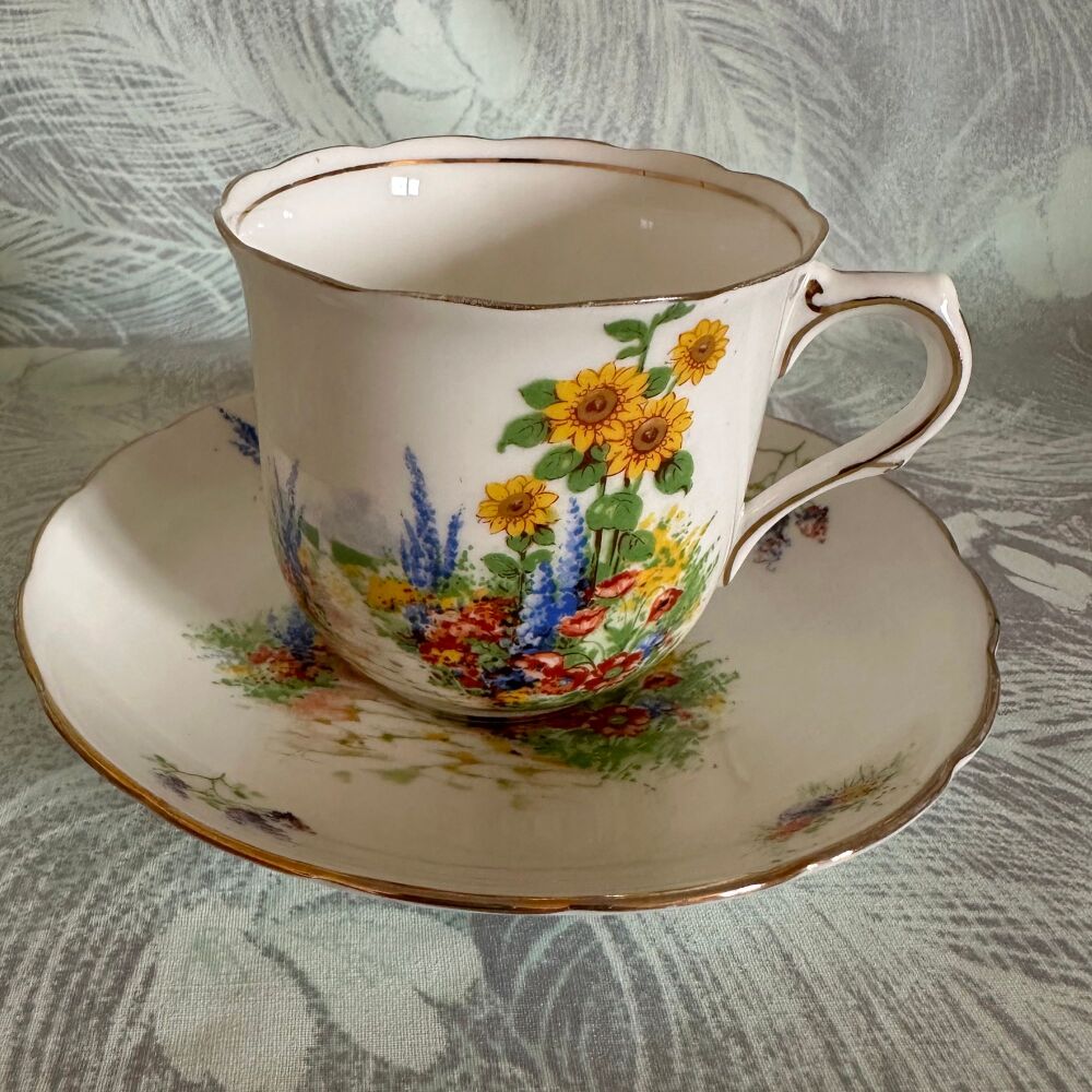 Antique Art Deco Standard China Cup & Saucer Duo Country Garden Pattern c.1920's*