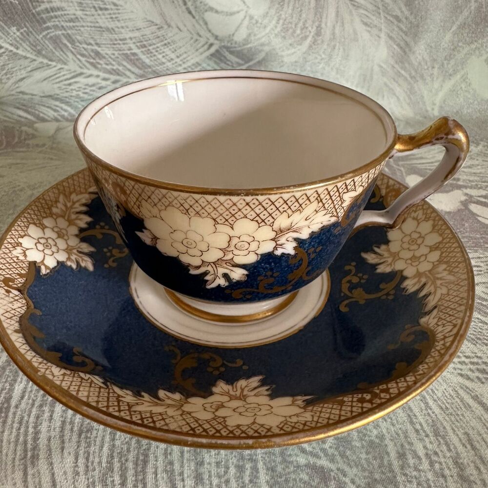 Antique Crown Staffordshire Cup & Saucer Duo. Cobalt Blue & Gold. c.1906+*