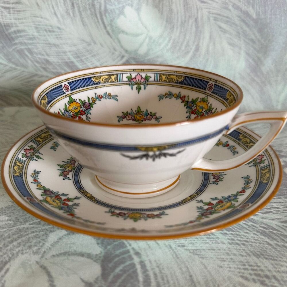 Antique Mintons Cup & saucer Duo. Princess Pattern K109. Blue Band, Yellow Flowers c.1920's