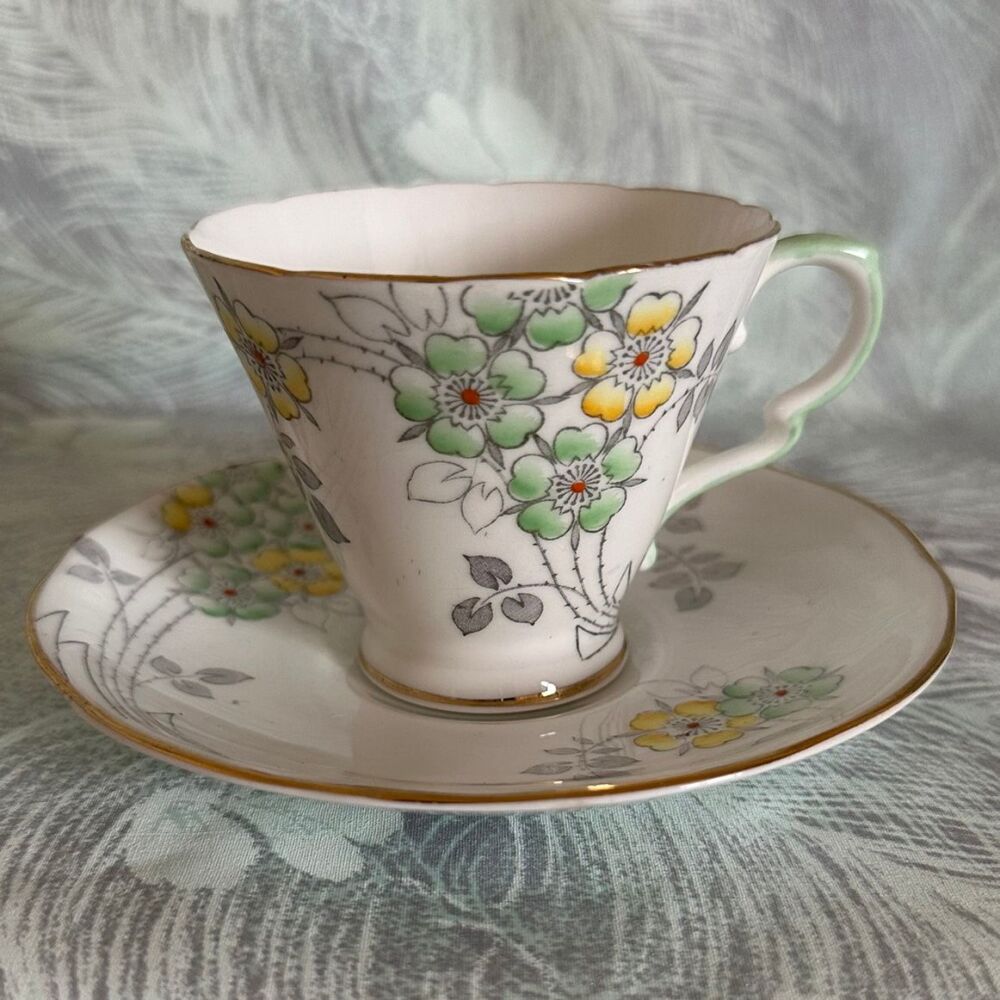 Royal Stafford Art Deco Cup & Saucer Duo. Green & Yellow Flowers. c.1920's*
