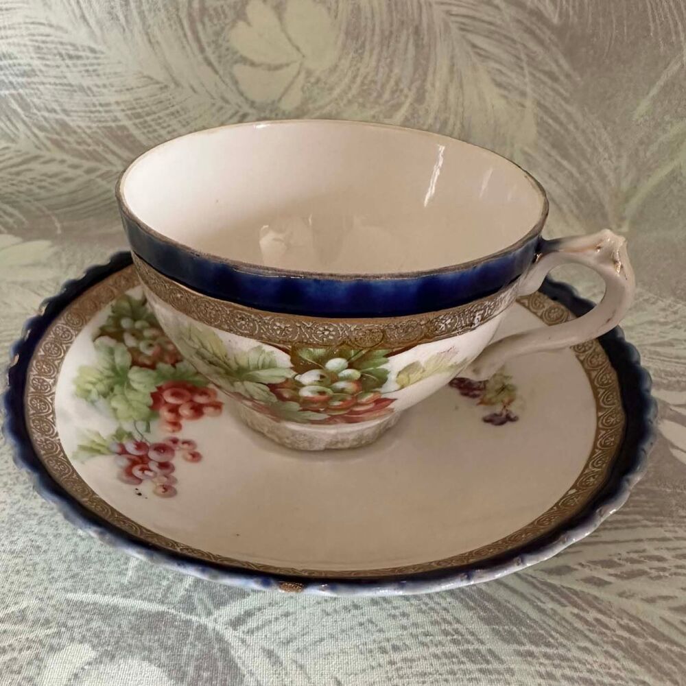 Victorian Cup & Saucer Duo. Grapes Design on Cobalt Blue & White c.Late 1800's*