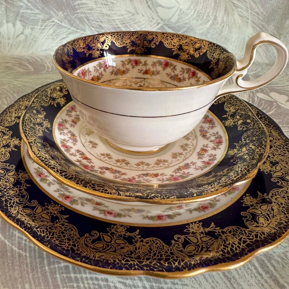 RARE Vintage Aynsley High Doris Cup Shape Trio from the 1930's. Cobalt Blue & Gilt.