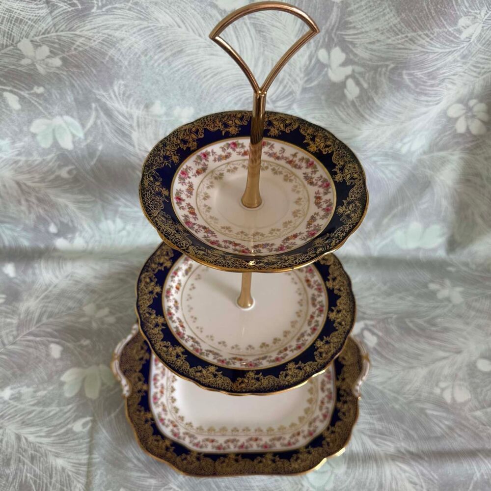 Vintage 3-Tier Cake Stand. All Tiers Aynsley Matching China in Cobalt Blue & Gilding. C.1930's