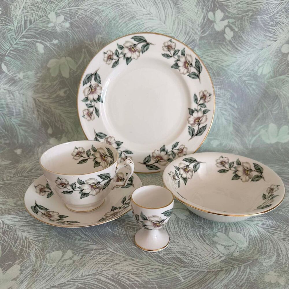Vintage Breakfast Set. Crown Staffordshire "Christmas Roses" Pattern. 5-Pieces. Large Breakfast Cup. c.1930's
