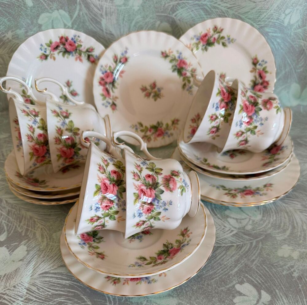 Royal Albert "Moss Rose" Tea Set for 6.  Six x Cup, Saucer & Plate Trios.
