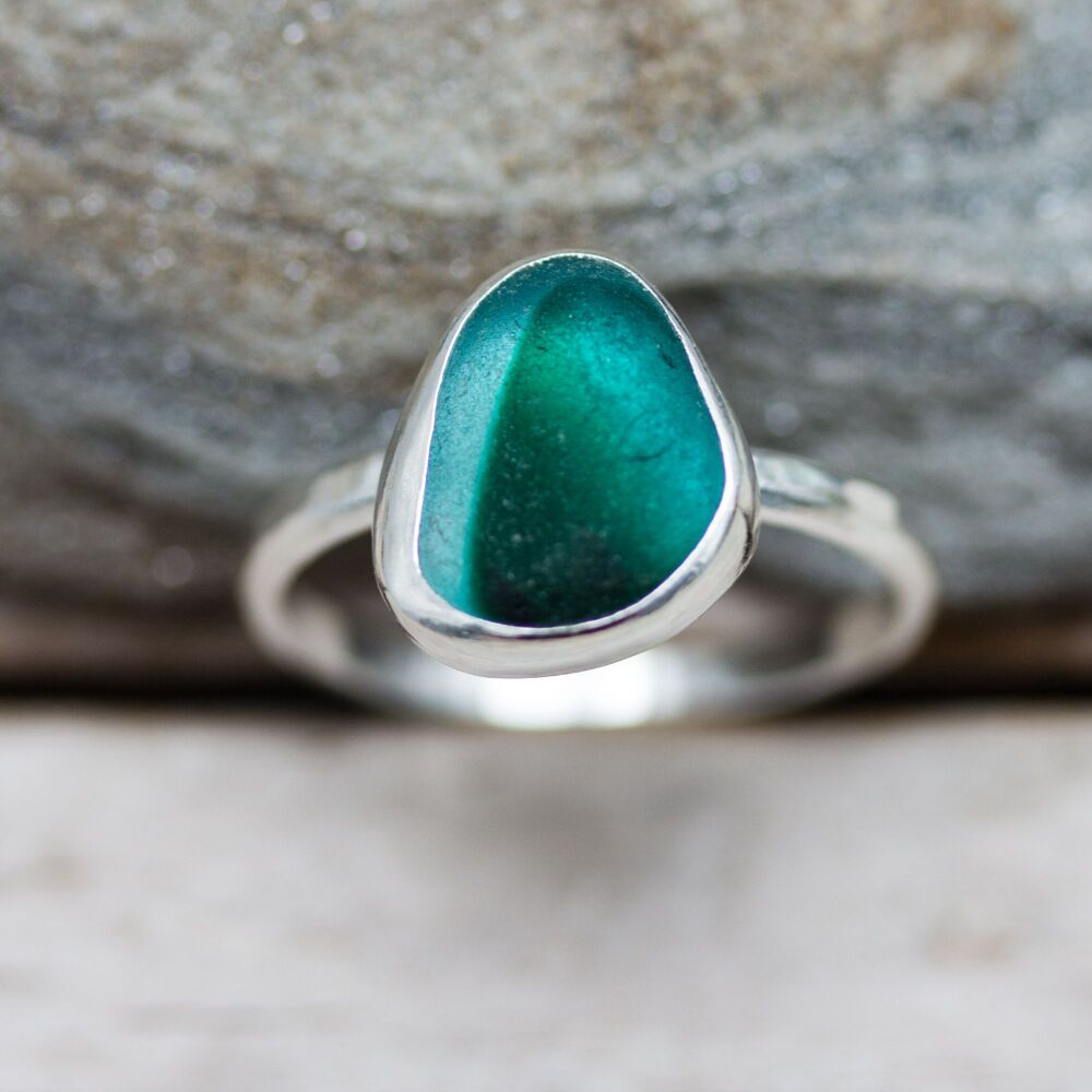 Multi Greens Sea Glass & Silver Ring