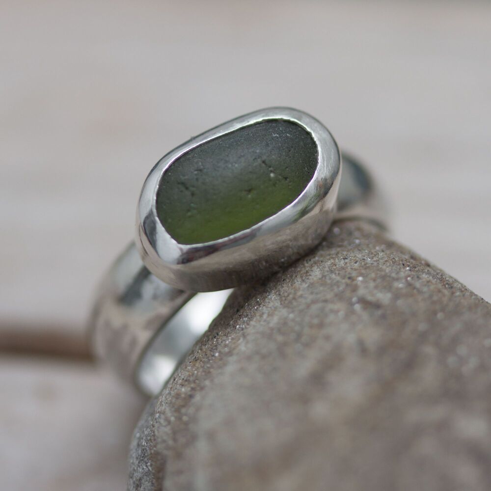 Green Sea Glass Wide Band RIng