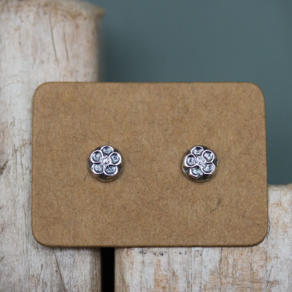 Silver Five Petal Flower Stud Earrings
