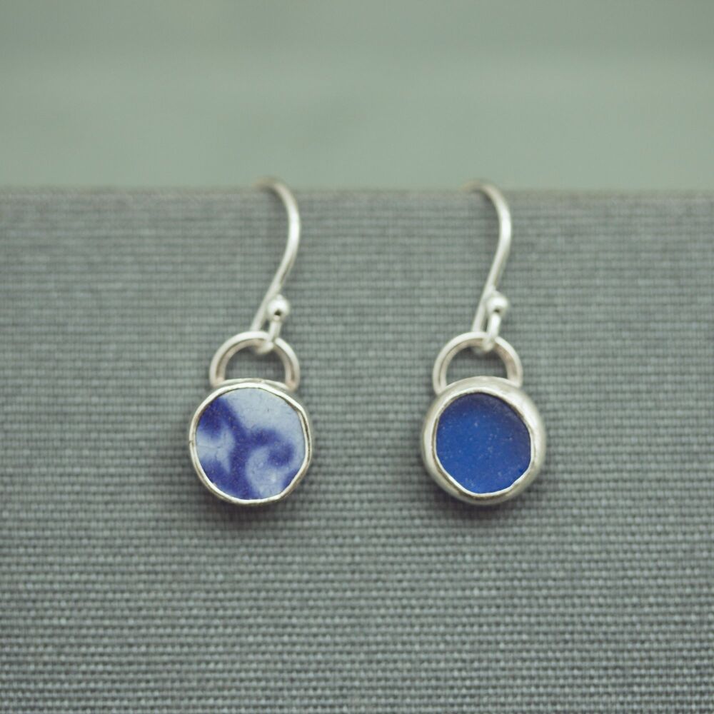 Blue & White Sea Glass & Pottery Earrings