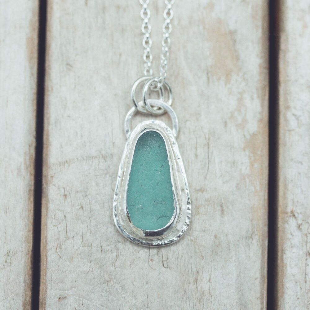 Bright Teal Sea Glass Silver Pendant