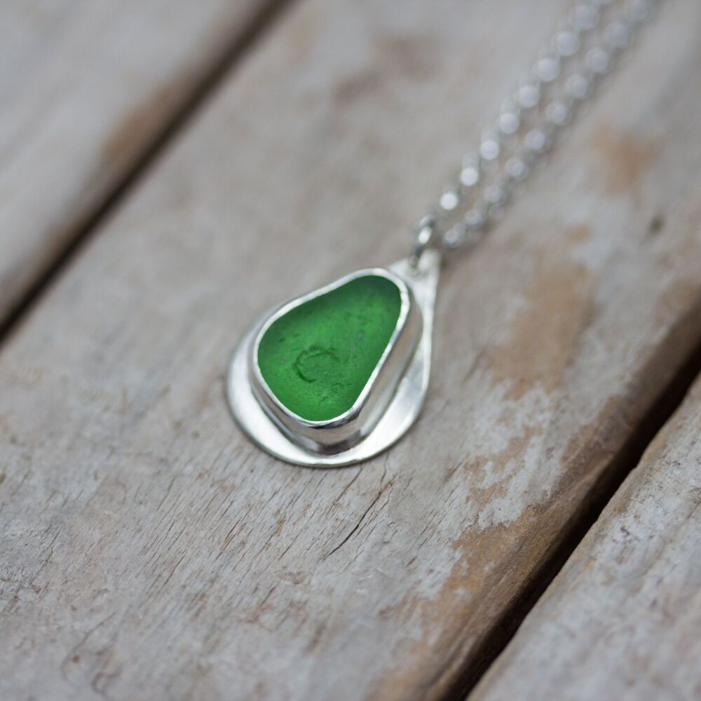 Bright Green Sea Glass Tear Drop Necklace