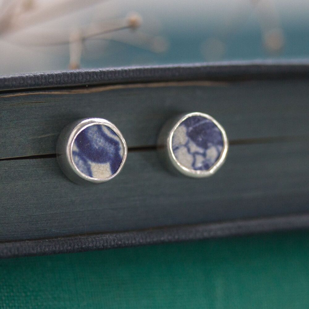 Blue and White Sea Pottery Round Studs