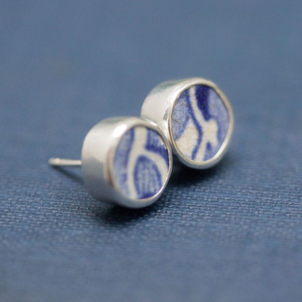 Blue and White Sea Pottery Stud Earrings