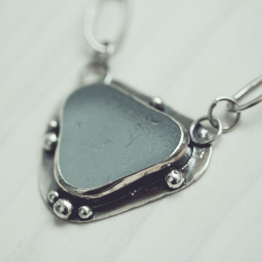 Large Aqua Sea Glass & Handmade Chain Necklace