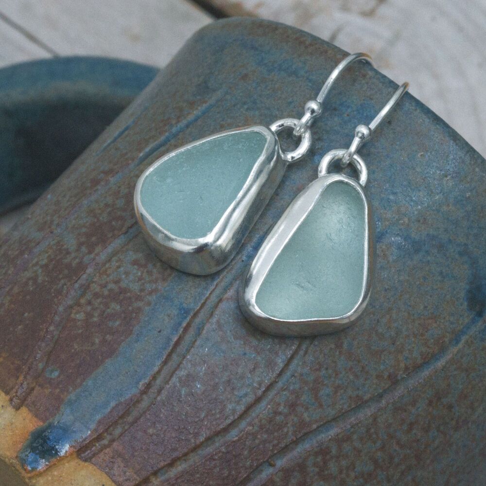 Aqua Sea Glass Silver Earrings