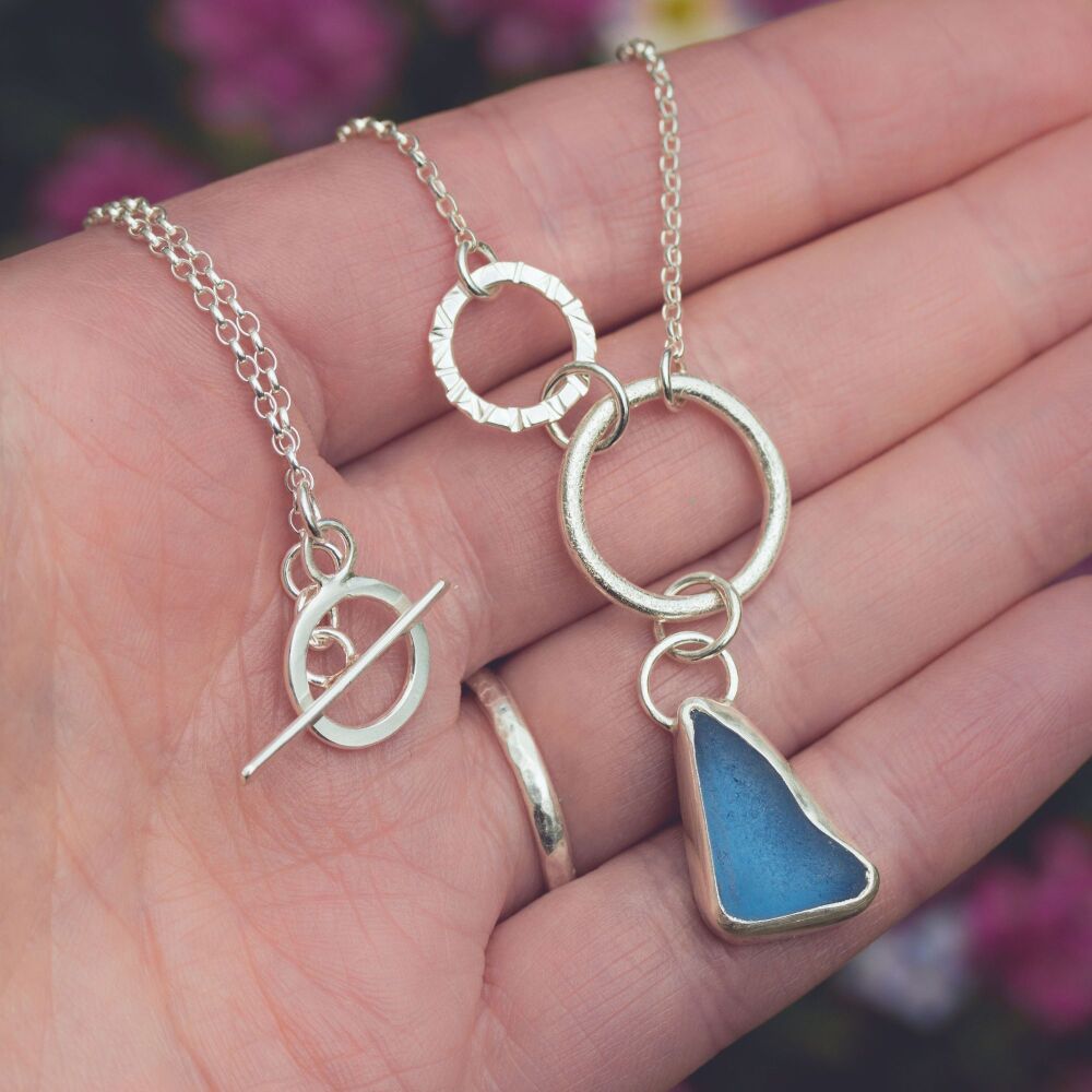 Blue Sea Glass and Silver Hop Necklace