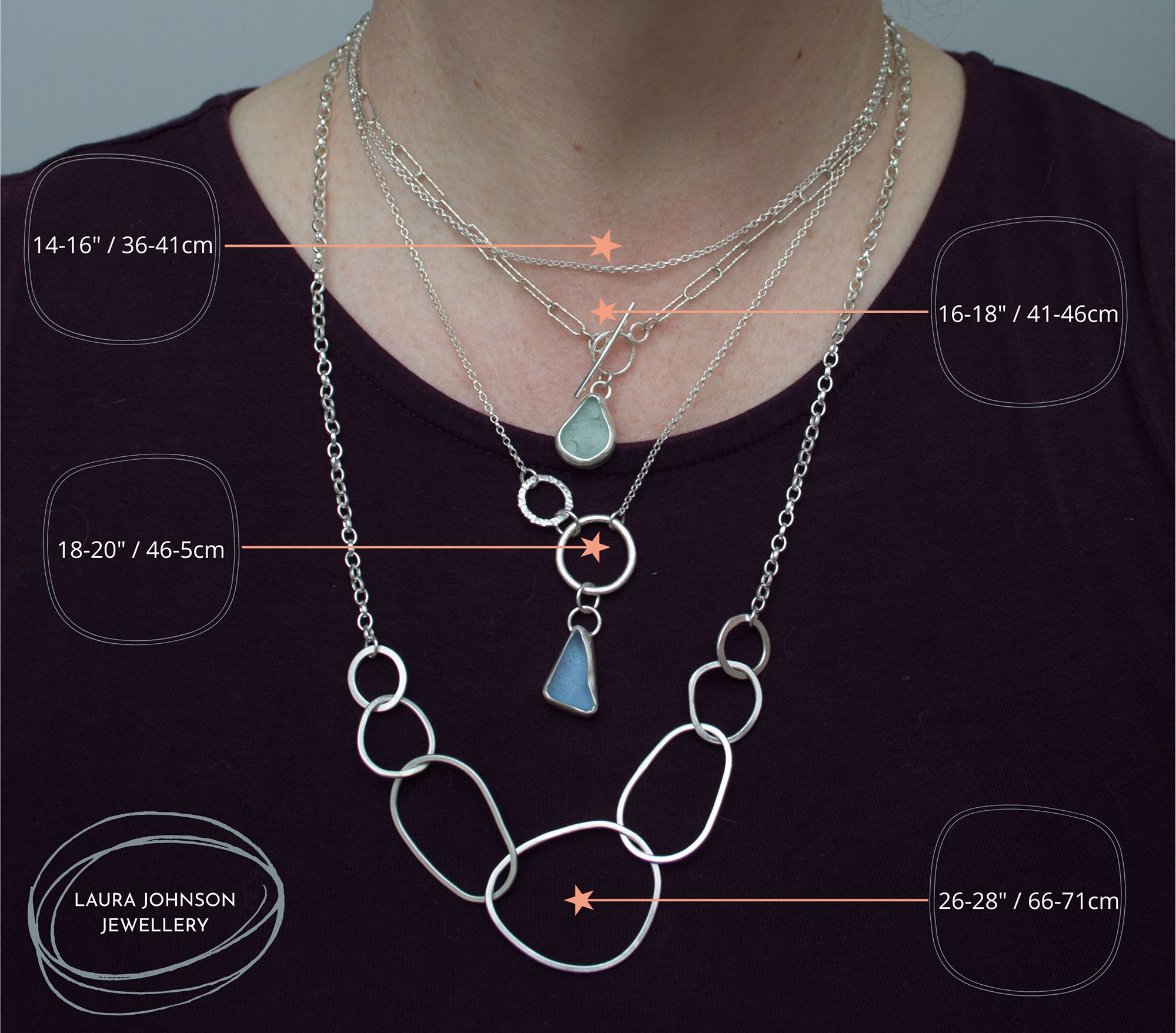 neck and torso showing four different lengths of necklace chain from 14 to 26 inches