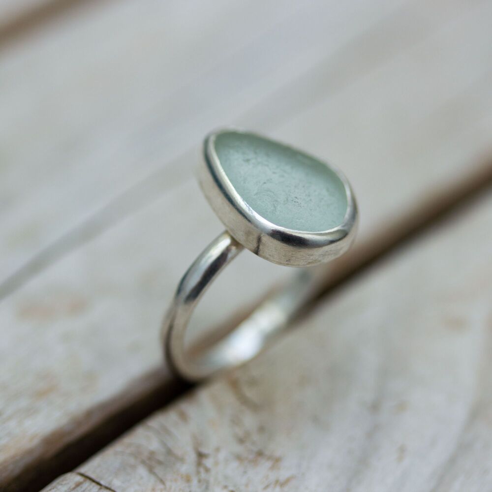 Aqua Tear Drop Sea Glass Silver Ring