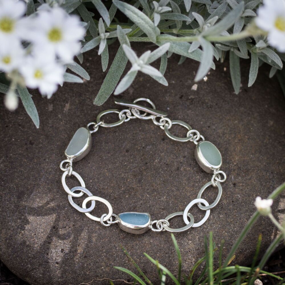 Triple Sea Glass Silver Bracelet