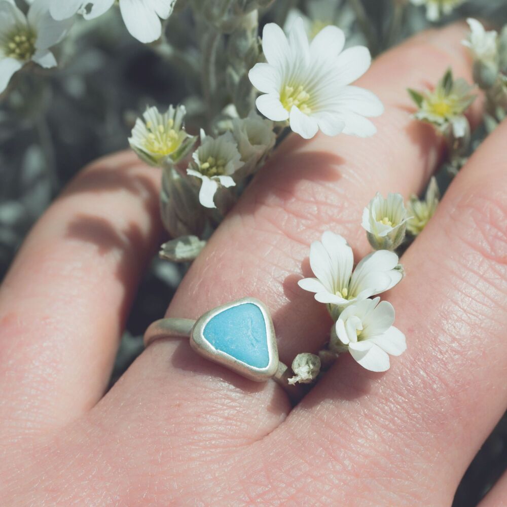 Blue Milk Glass Silver Ring