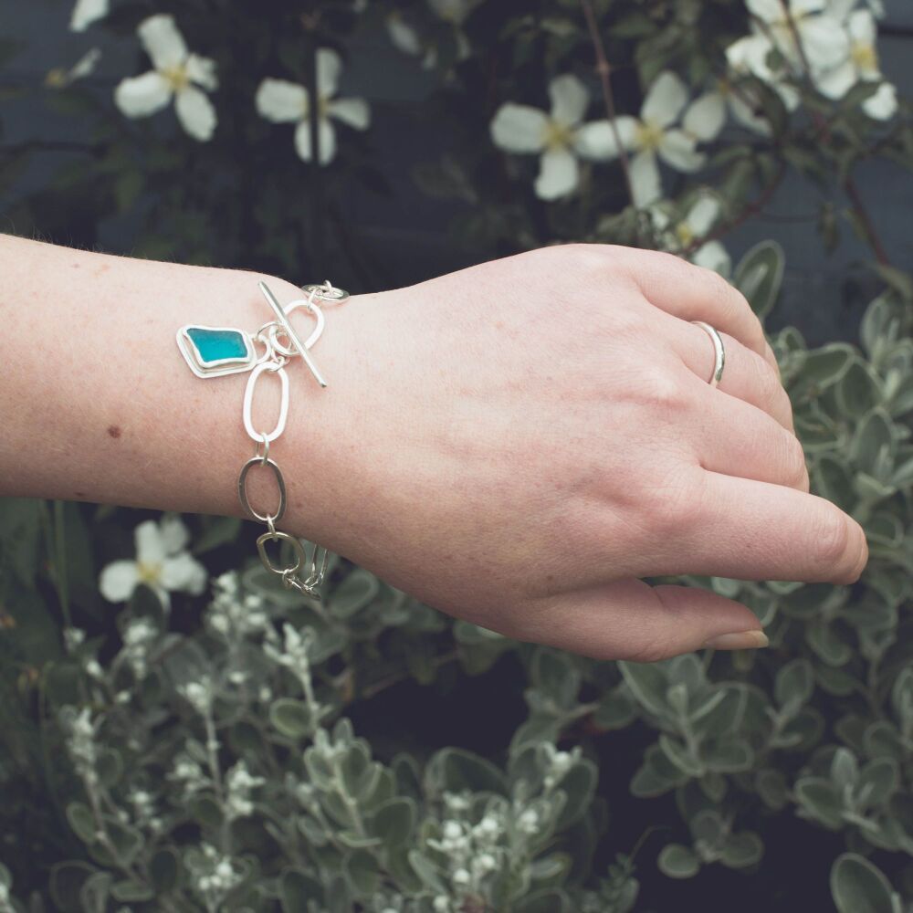 Bright Blue Sea Glass Silver Bracelet