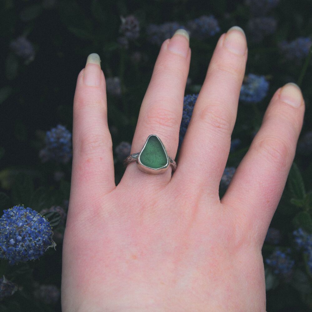 Deep Green Sea Glass Textured Silver Ring