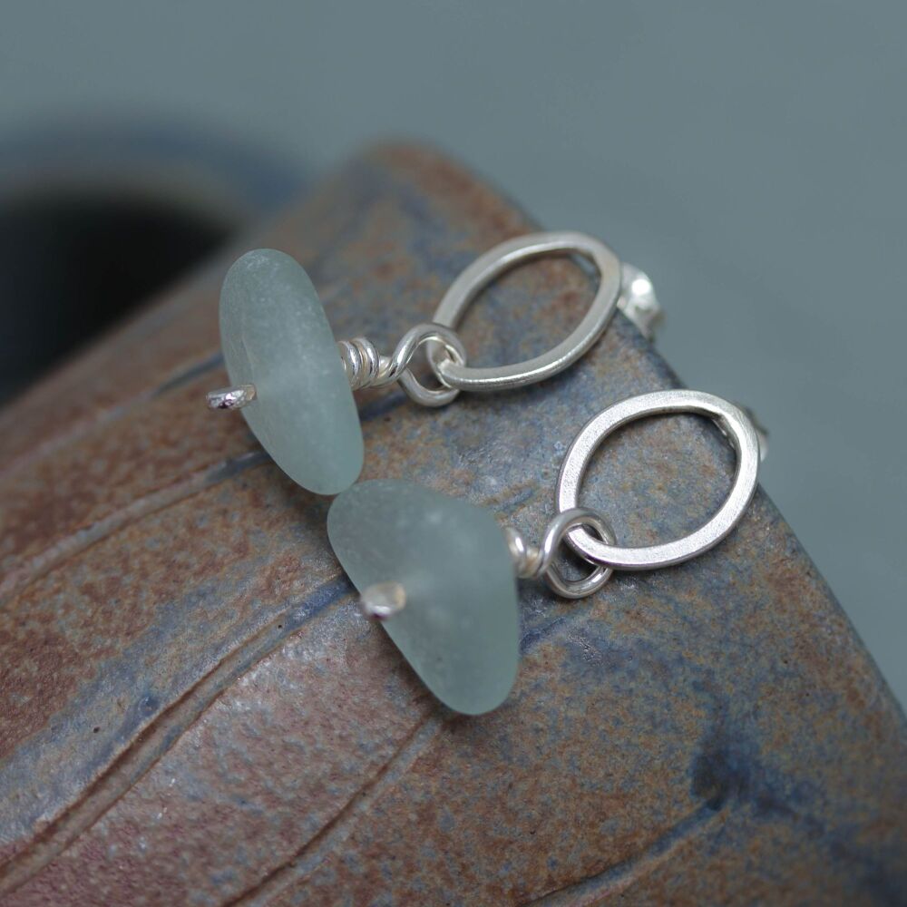Sea Glass & Silver Loop Ear Studs