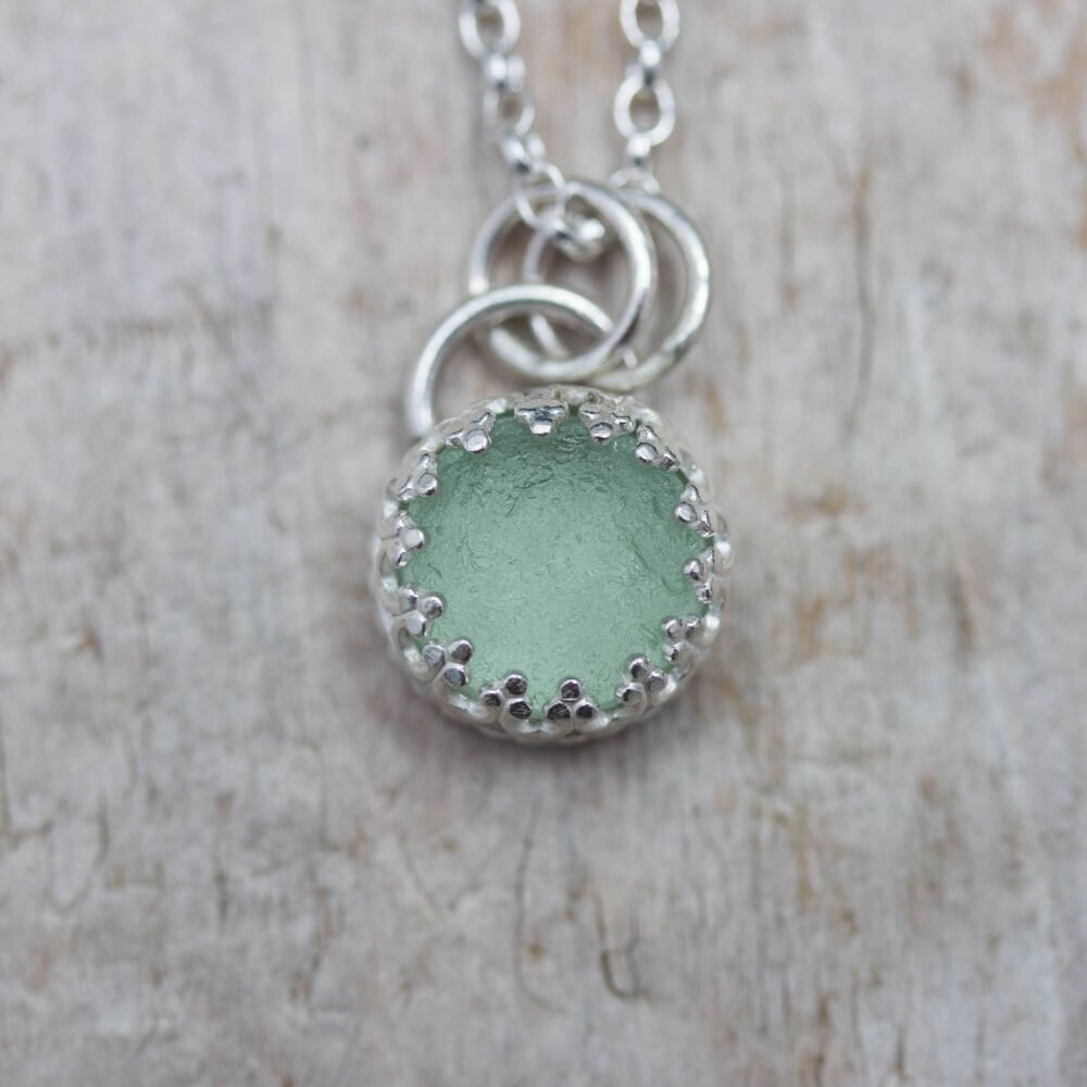 Round Aqua Sea Glass Decorative Silver Pendant