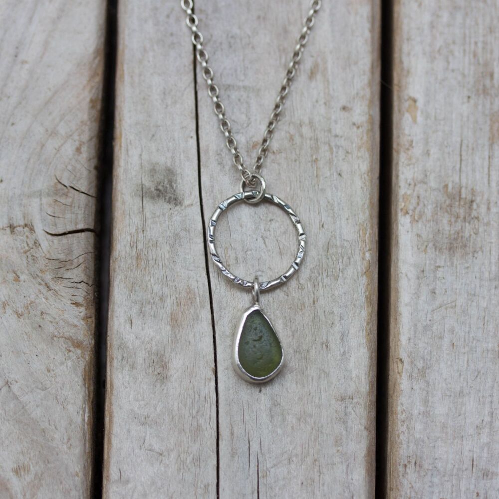 Small Green Sea Glass & Silver Loop Necklace