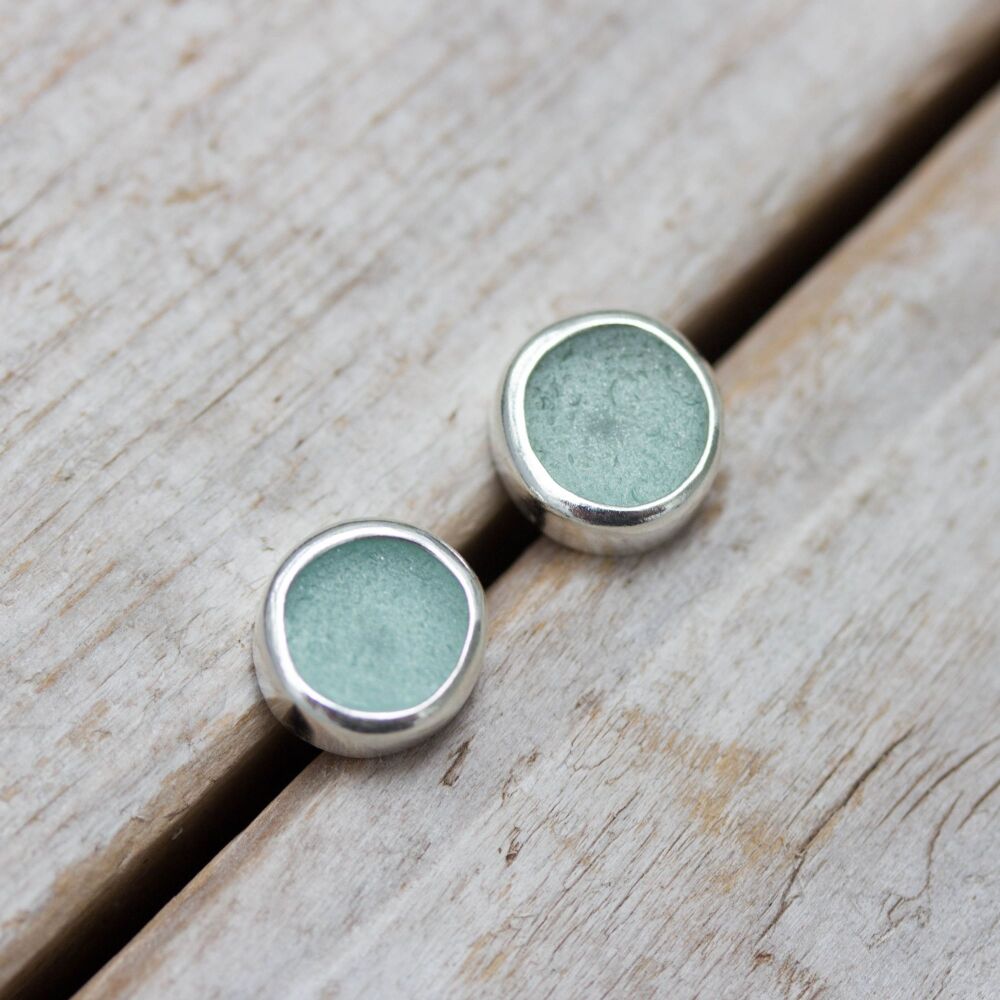 Round Aqua Sea Glass Silver Ear Studs
