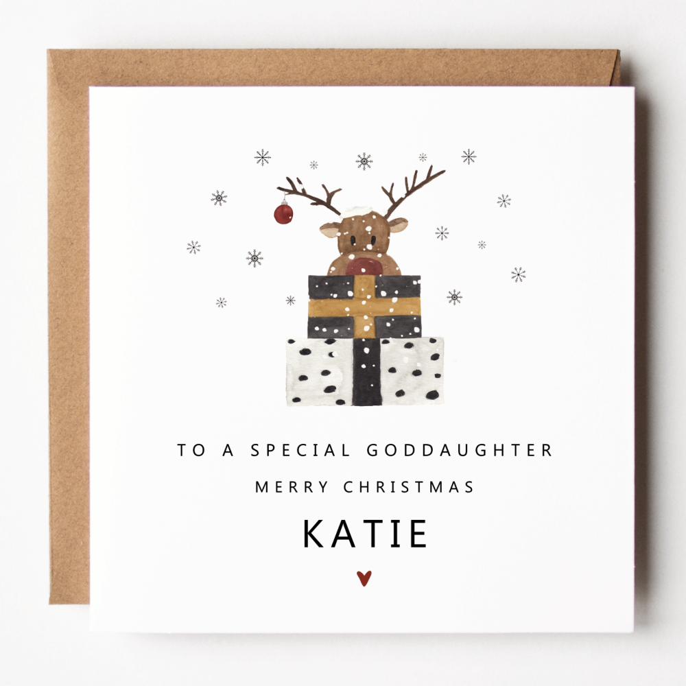 Personalised Reindeer Christmas Card For Godaughter