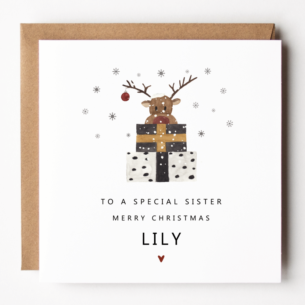 Personalised Reindeer Christmas Card For Sister