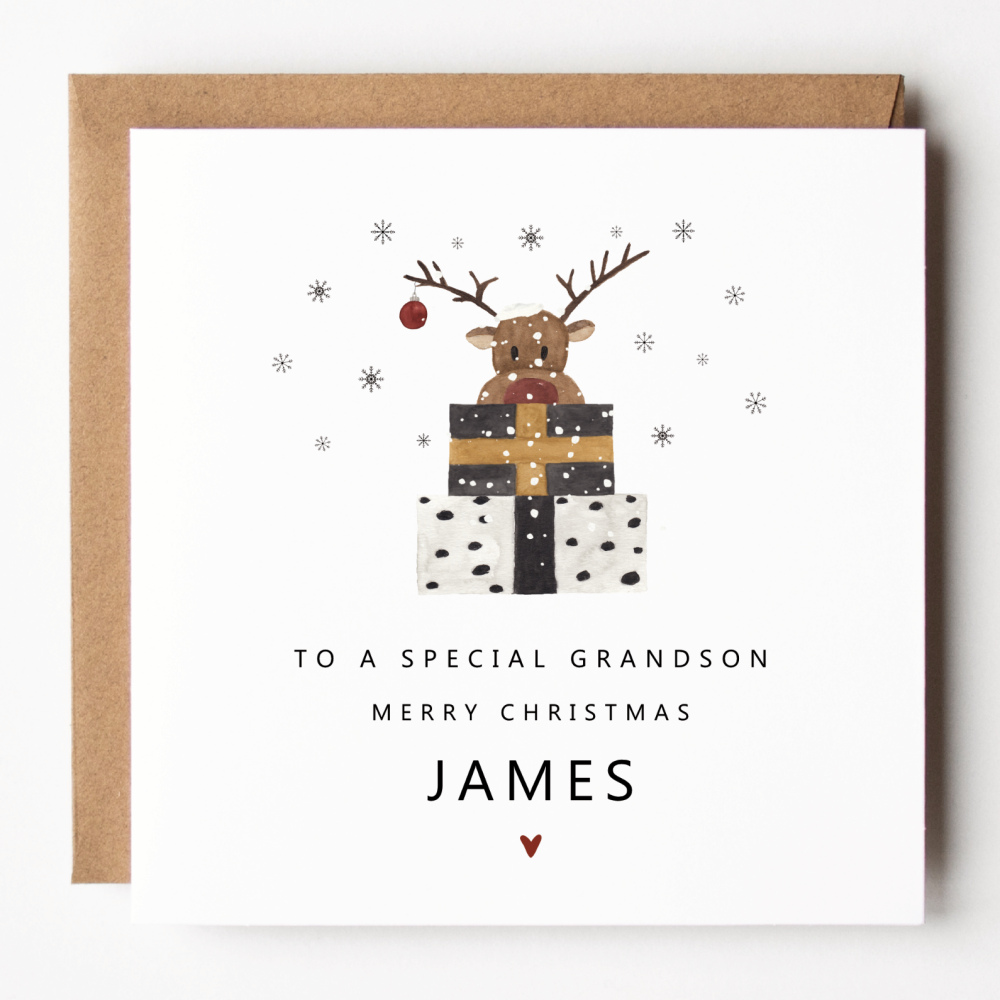 Personalised Reindeer Christmas Card For Grandson