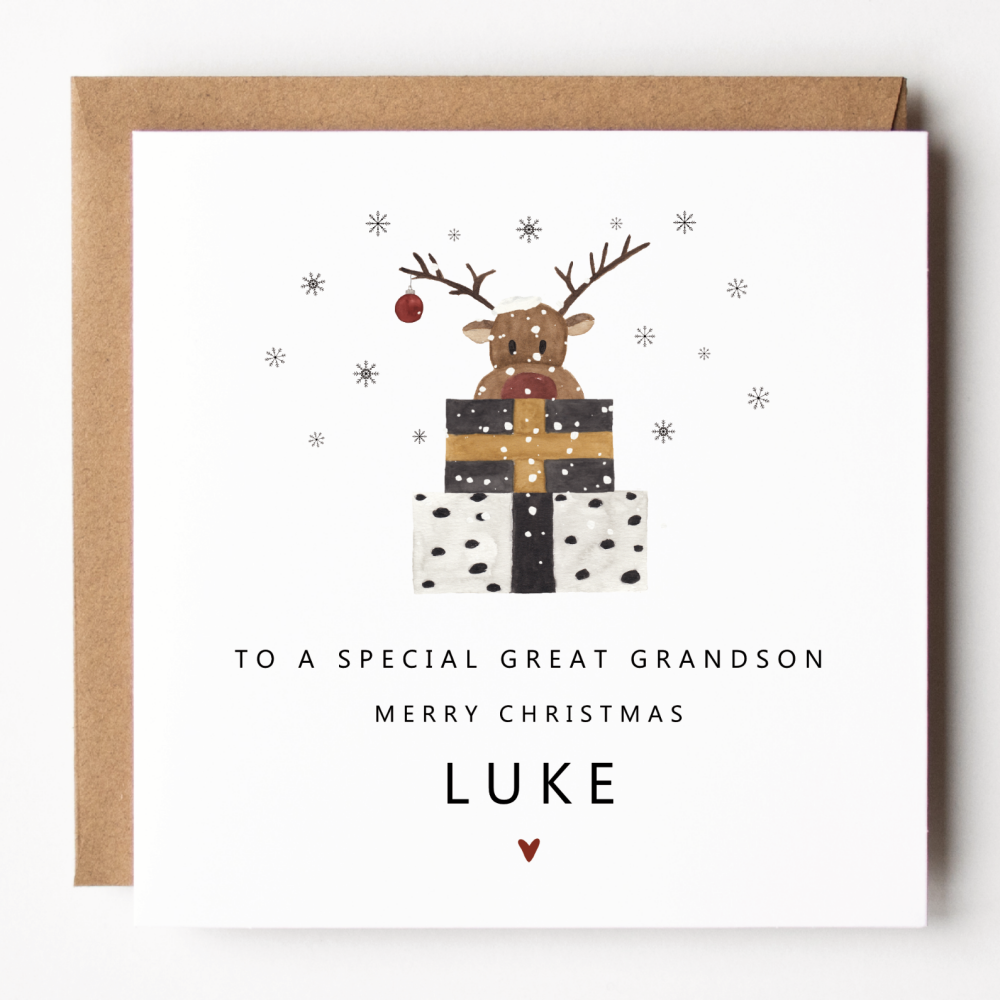 Personalised Reindeer Christmas Card For Great Grandson
