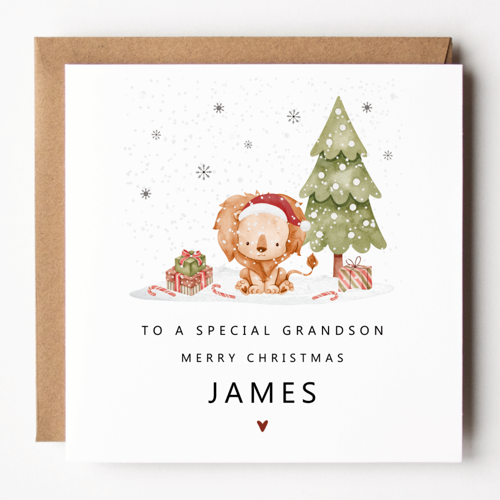 Personalised Lion Christmas Card For Grandson