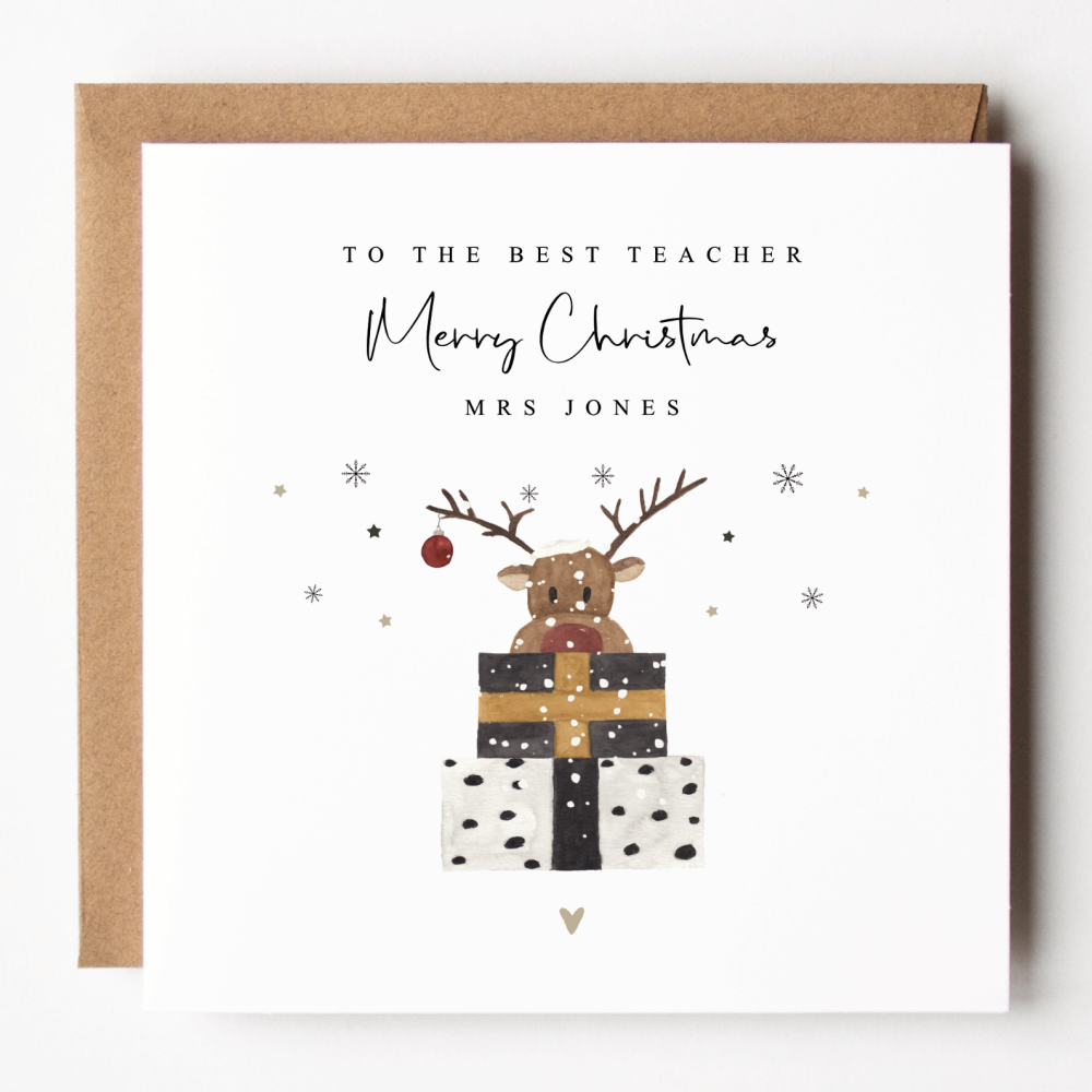 Personalised Reindeer Best Teacher Christmas Card
