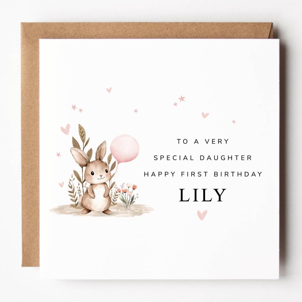 Girls Bunny Rabbit 1st Birthday Card