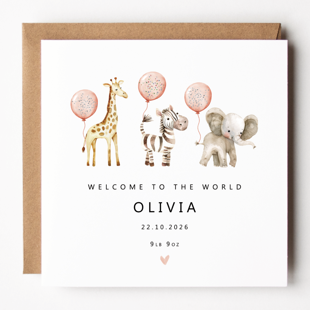 Girl New Baby Safari Animal Card