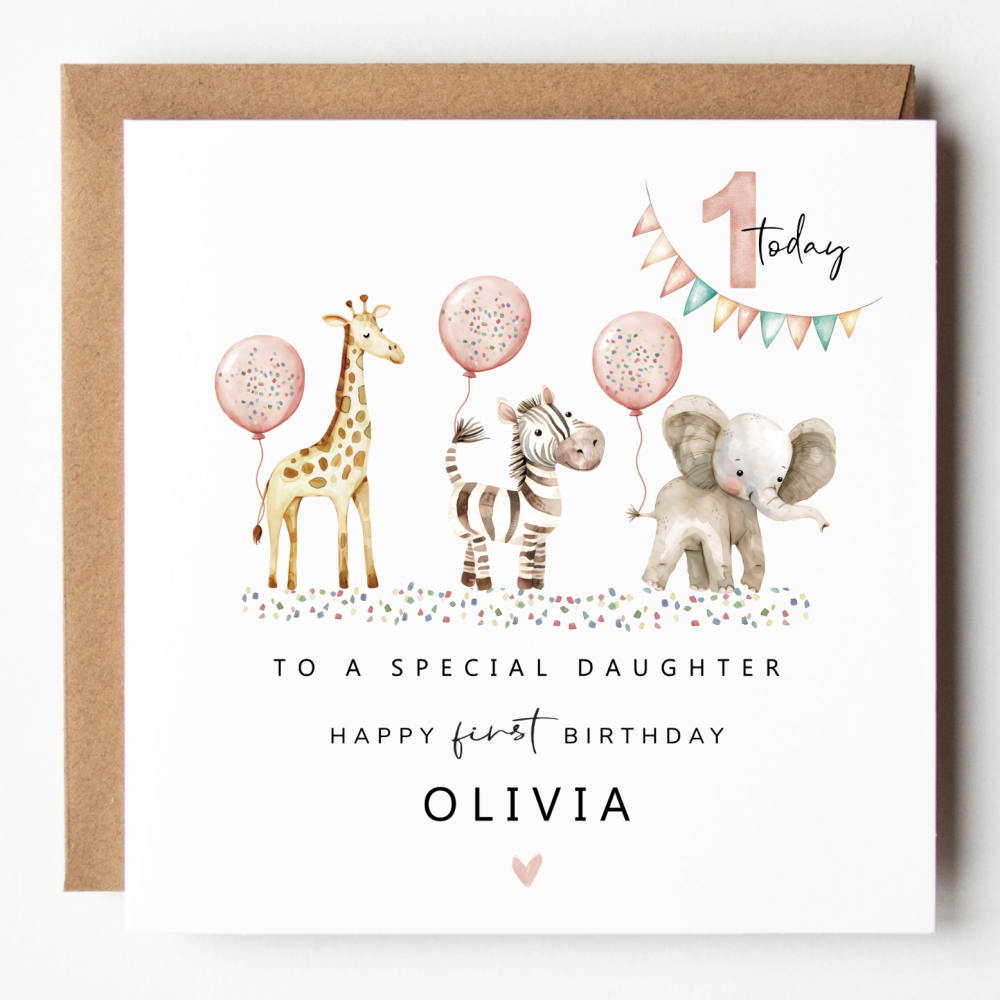 Girls Safari Party 1st Birthday Card
