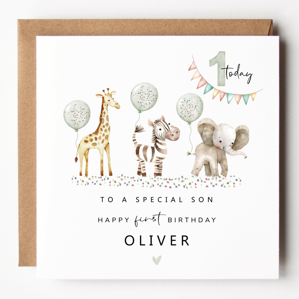 Boys Safari Party 1st Birthday Card
