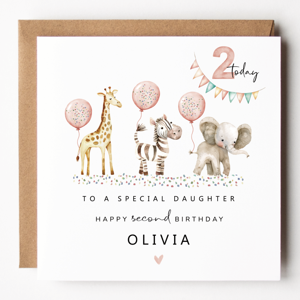 Girls Safari Party 2nd Birthday Card