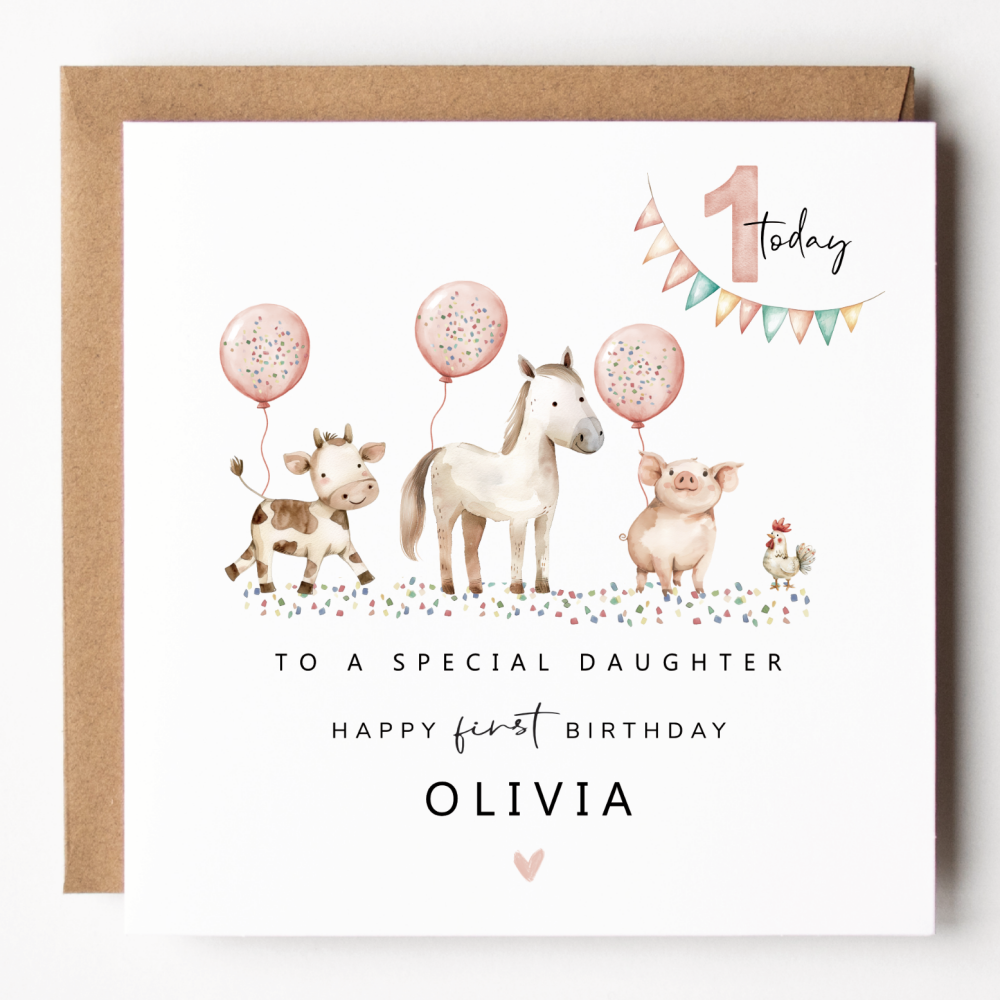 Girls Farm Party 1st Birthday Card