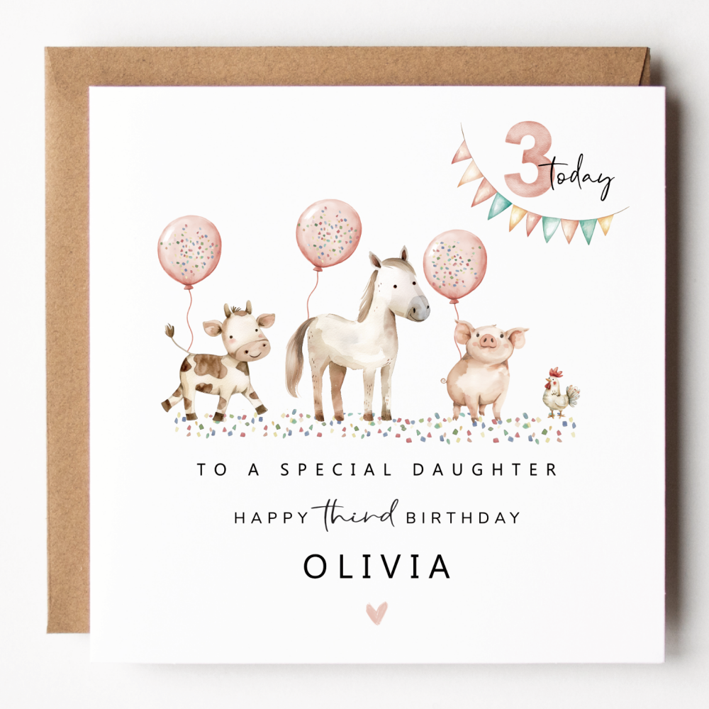 Girls Farm Party 3rd Birthday Card