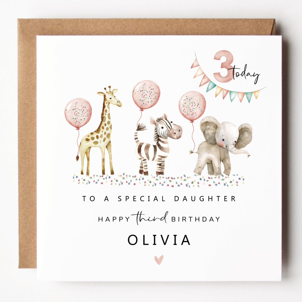 Girls Safari Party 3rd Birthday Card