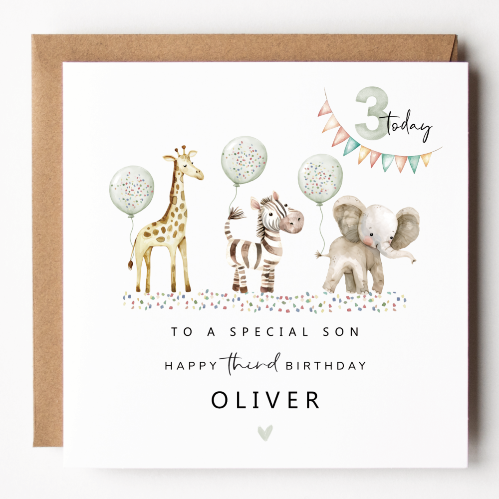 Boys Safari Party 3rd Birthday Card