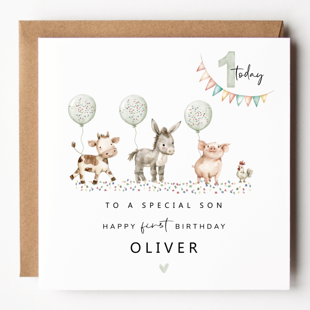 Boys Farm Party 1st Birthday Card