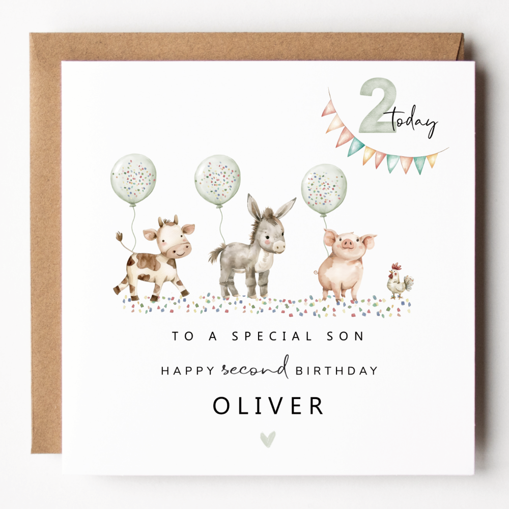 Boys Farm Party 2nd Birthday Card