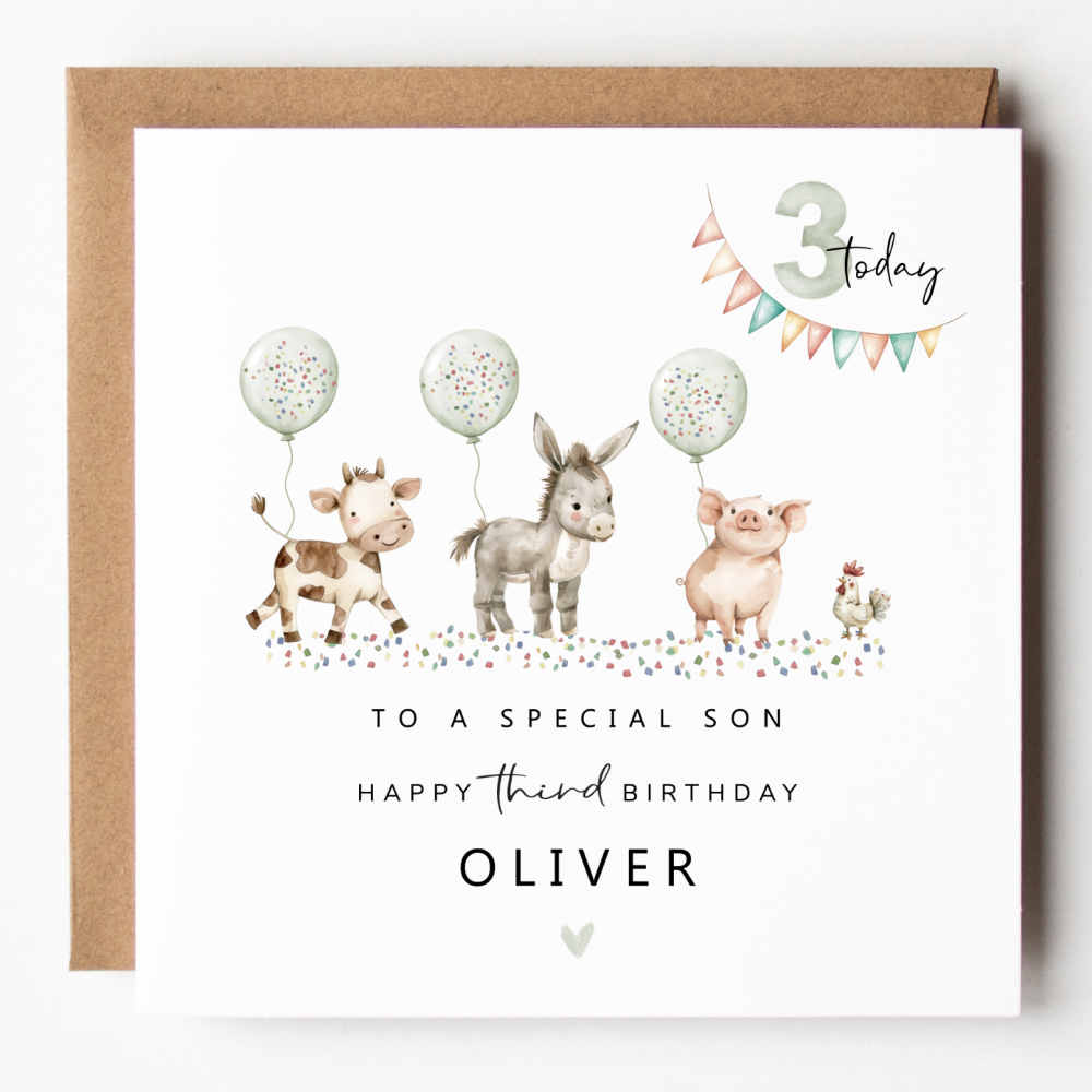 Boys Farm Party 3rd Birthday Card