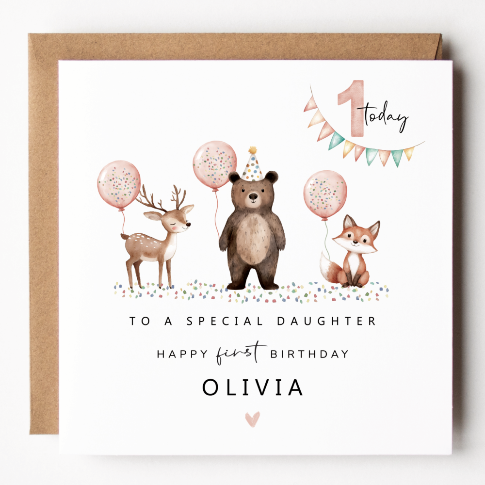 Girls Woodland Party 1st Birthday Card