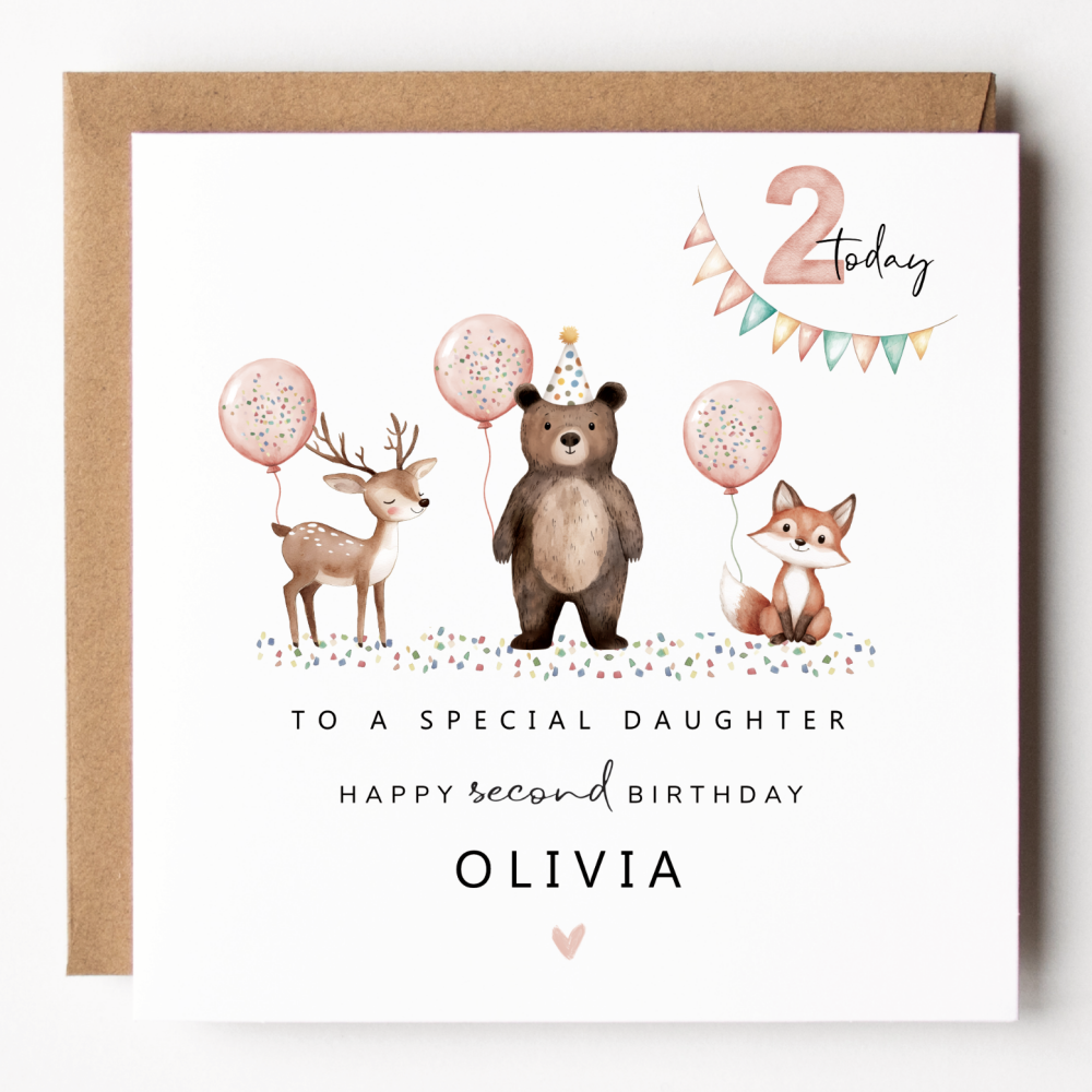 Girls Woodland Party 2nd Birthday Card